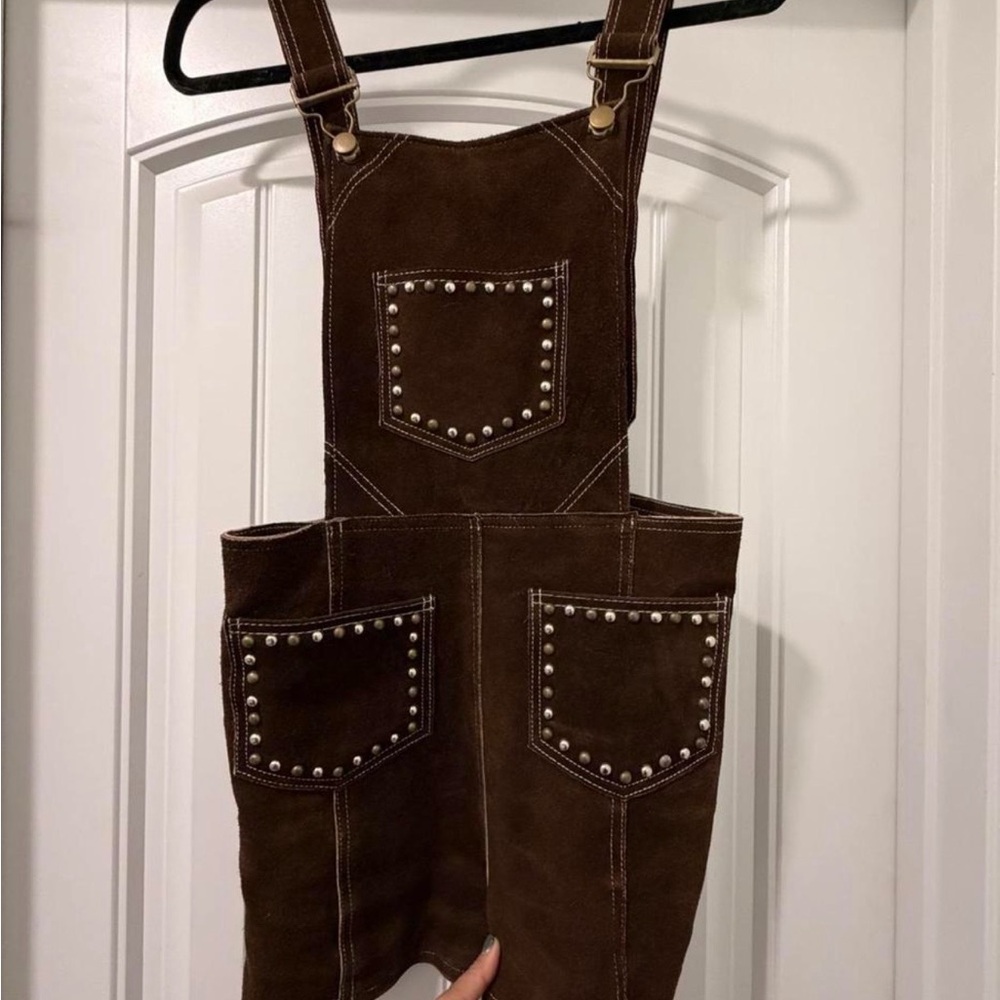 REVOLVE Understated Leather Brown Suede Studded Short Overalls Small - Picture 2 of 7